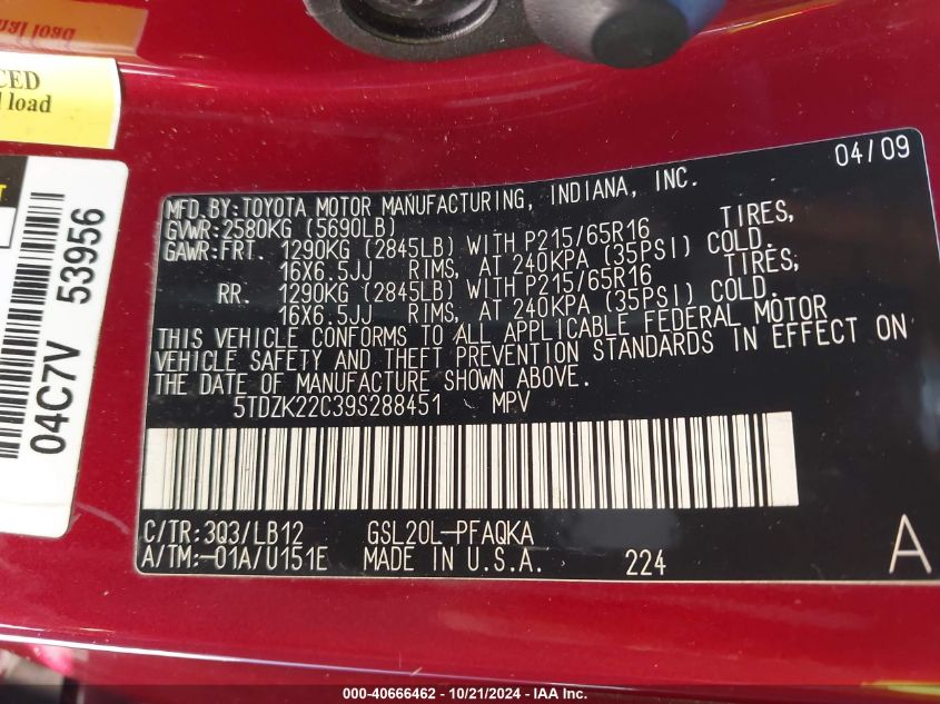 2009 Toyota Sienna Xle VIN: 5TDZK22C39S288451 Lot: 40666462