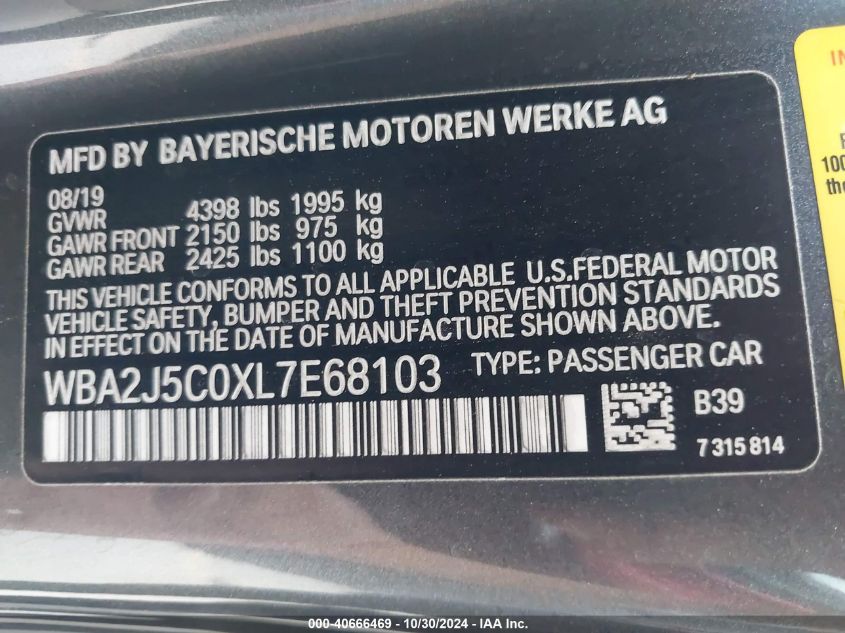 2020 BMW M240I VIN: WBA2J5C0XL7E68103 Lot: 40666469