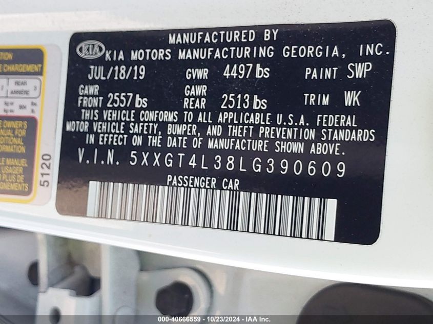 2020 Kia Optima Lx VIN: 5XXGT4L38LG390609 Lot: 40666559