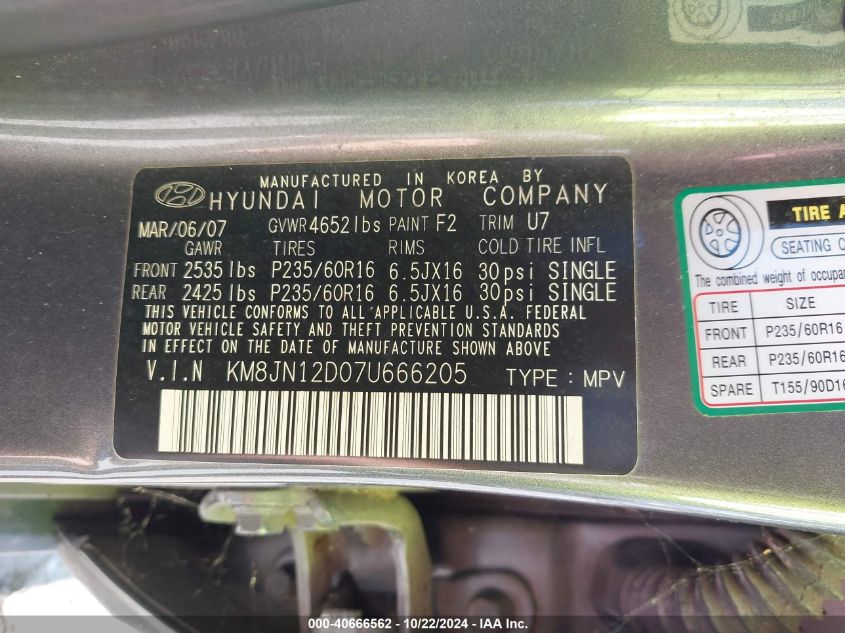 2007 Hyundai Tucson Limited/Se VIN: KM8JN12D07U666205 Lot: 40666562