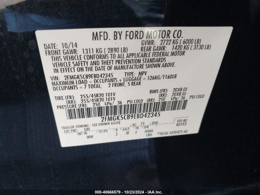 2014 Ford Flex Sel VIN: 2FMGK5C89EBD42345 Lot: 40666579