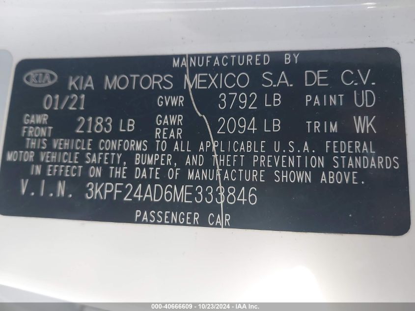 2021 Kia Forte Lxs VIN: 3KPF24AD6ME333846 Lot: 40666609