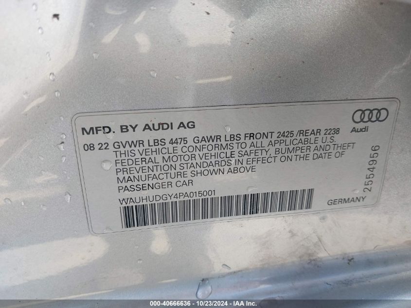 2023 Audi A3 Premium Plus 40 Tfsi Quattro S Tronic VIN: WAUHUDGY4PA015001 Lot: 40666636