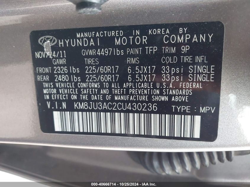 2012 Hyundai Tucson Gls VIN: KM8JU3AC2CU430236 Lot: 40666714