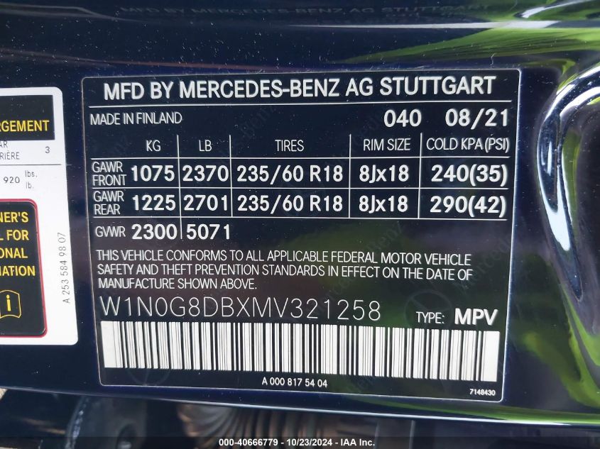 2021 MERCEDES-BENZ GLC 300 SUV - W1N0G8DBXMV321258