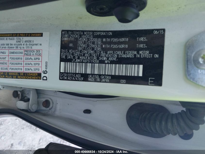 2015 Lexus 460 VIN: JTJBM7FX6F5119058 Lot: 40666834