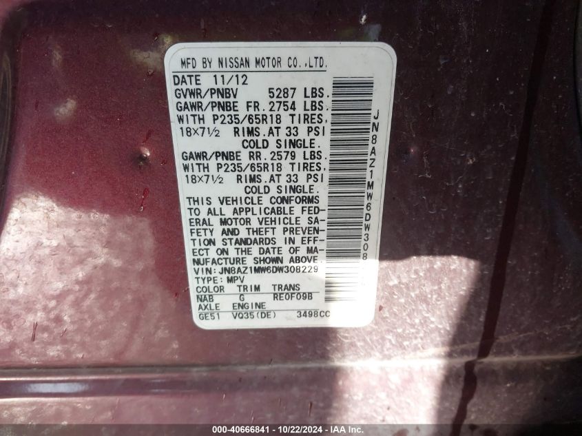 2013 Nissan Murano Sv VIN: JN8AZ1MW6DW308229 Lot: 40666841