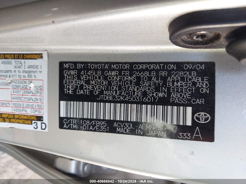 2005 Toyota Camry Std VIN: JTDBE32K450316017 Lot: 40666842