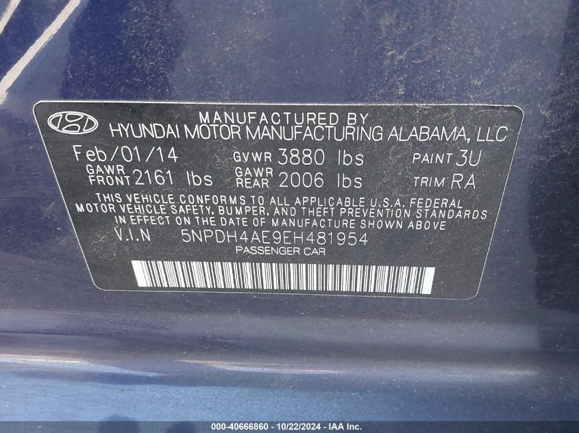 2014 Hyundai Elantra Se VIN: 5NPDH4AE9EH481954 Lot: 40666860