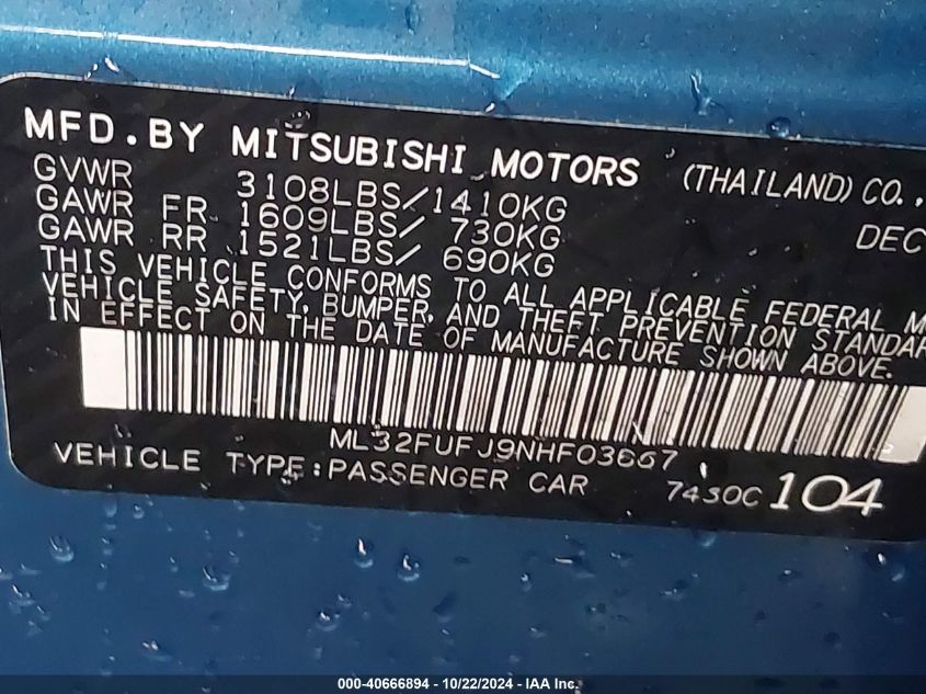 2022 Mitsubishi Mirage G4 Es VIN: ML32FUFJ9NHF03667 Lot: 40666894