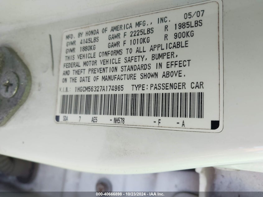 2007 HONDA ACCORD SDN VIN: 1HGCM56327A174965