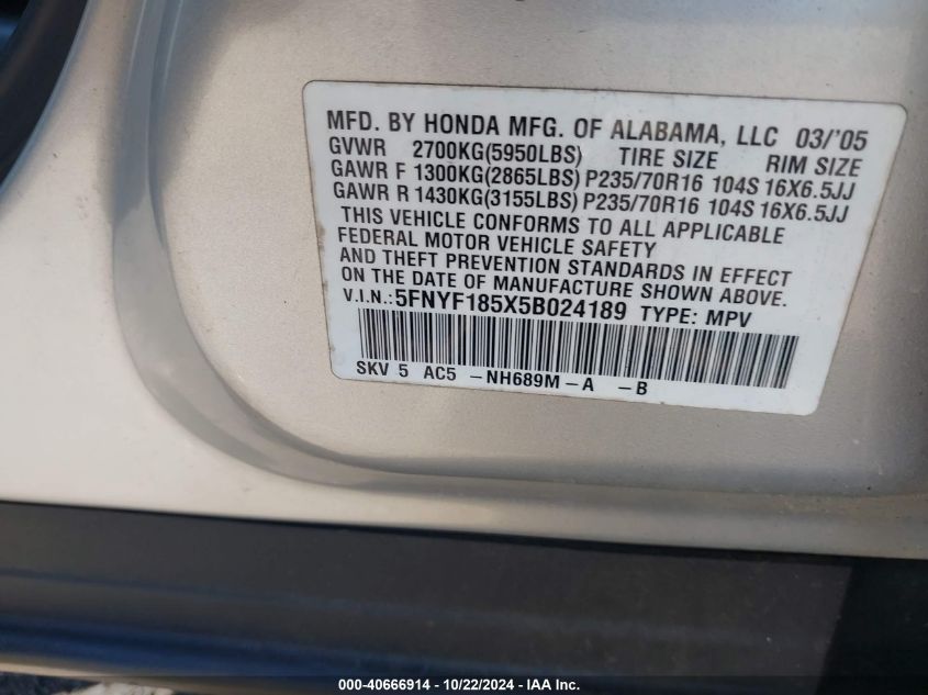 2005 Honda Pilot Ex-L VIN: 5FNYF185X5B024189 Lot: 40666914