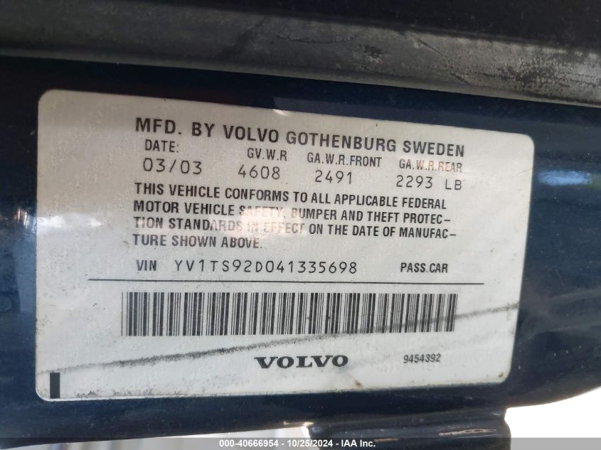 2004 Volvo S80 2.9 VIN: YV1TS92D041335698 Lot: 40666954