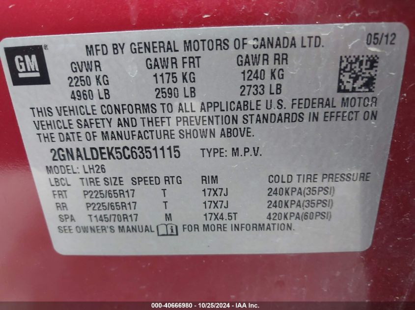 VIN 2FMTK4G99FBB43082 2012 CHEVROLET EQUINOX no.9