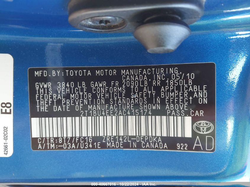 2010 Toyota Corolla Le VIN: 2T1BU4EE2AC415174 Lot: 40667016