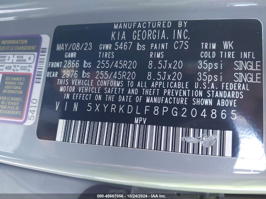 2023 Kia Sorento Sx VIN: 5XYRKDLF8PG204865 Lot: 40667056