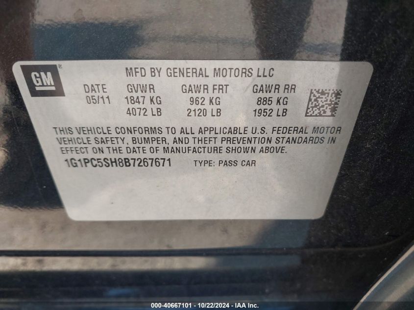 2011 Chevrolet Cruze Ls VIN: 1G1PC5SH8B7267671 Lot: 40667101