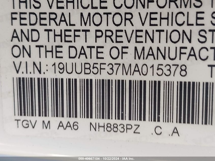 2021 Acura Tlx Standard VIN: 19UUB5F37MA015378 Lot: 40667104