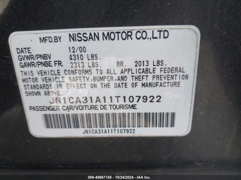 2001 Nissan Maxima Se VIN: JN1CA31A11T107922 Lot: 40667185