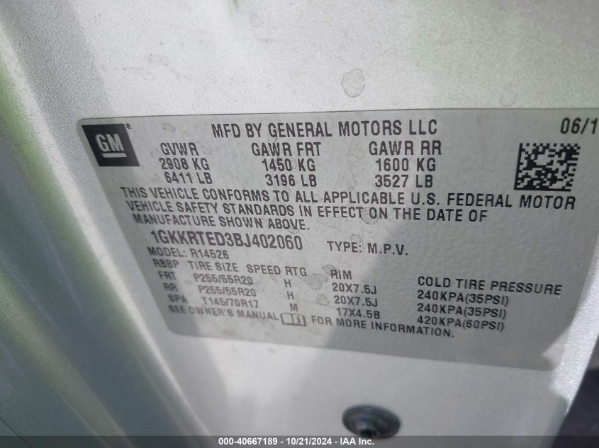 2011 GMC Acadia Denali VIN: 1GKKRTED3BJ402060 Lot: 40667189