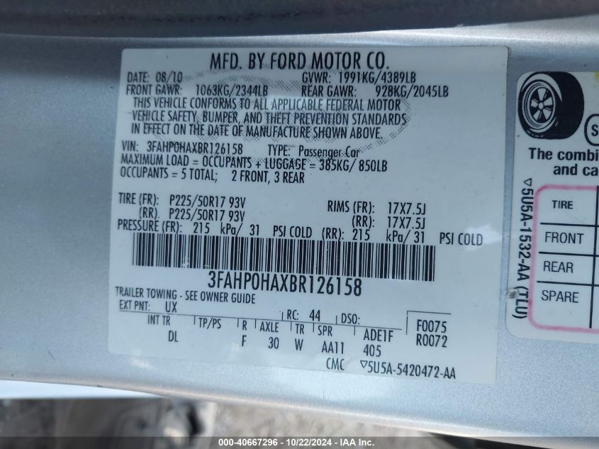 2011 Ford Fusion Se VIN: 3FAHP0HAXBR126158 Lot: 40667296