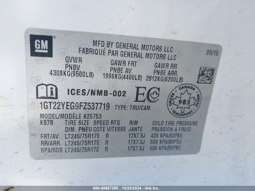 2015 GMC SIERRA 2500HD VIN: 1GT22YEG9FZ537719