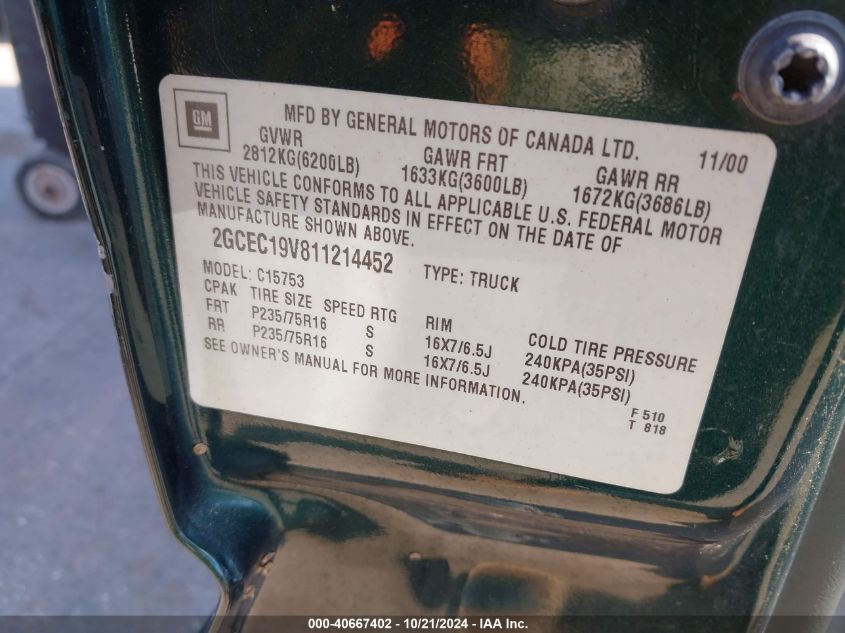 2001 Chevrolet Silverado 1500 Ls VIN: 2GCEC19V811214452 Lot: 40667402