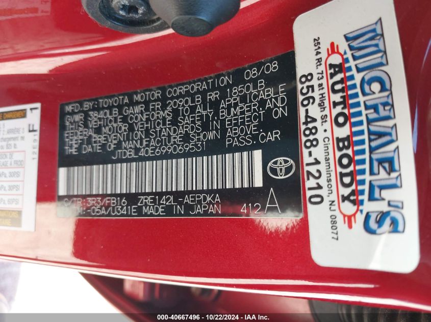 2009 Toyota Corolla Le VIN: JTDBL40E699069531 Lot: 40667496