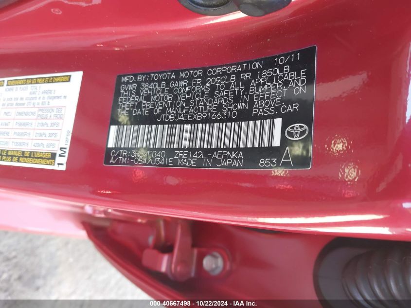 2011 Toyota Corolla Le VIN: JTDBU4EEXB9166310 Lot: 40667498