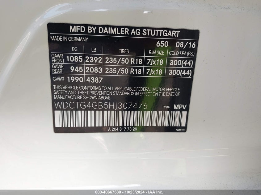 VIN WDCTG4GB5HJ307476 2017 MERCEDES-BENZ GLA 250 4MATIC