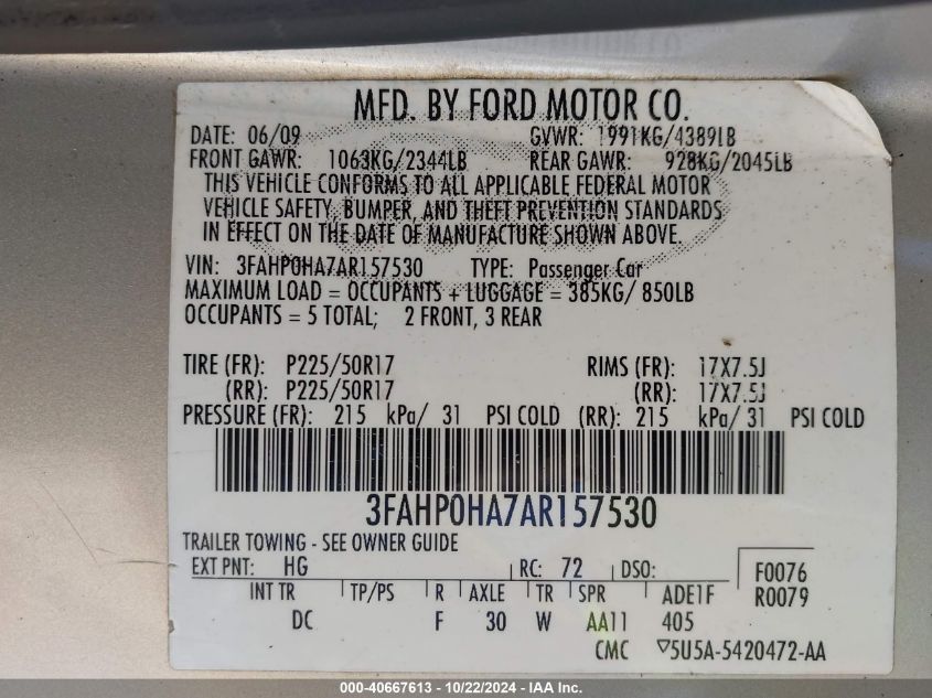 2010 Ford Fusion Se VIN: 3FAHP0HA7AR157530 Lot: 40667613