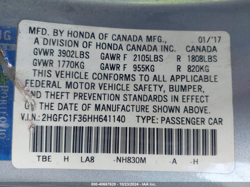 VIN 2HGFC1F36HH641140 2017 HONDA CIVIC EX-T