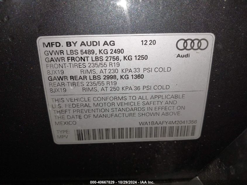 2021 Audi Q5 Premium Plus 45 Tfsi Quattro S Tronic VIN: WA1BAAFY4M2041356 Lot: 40667829