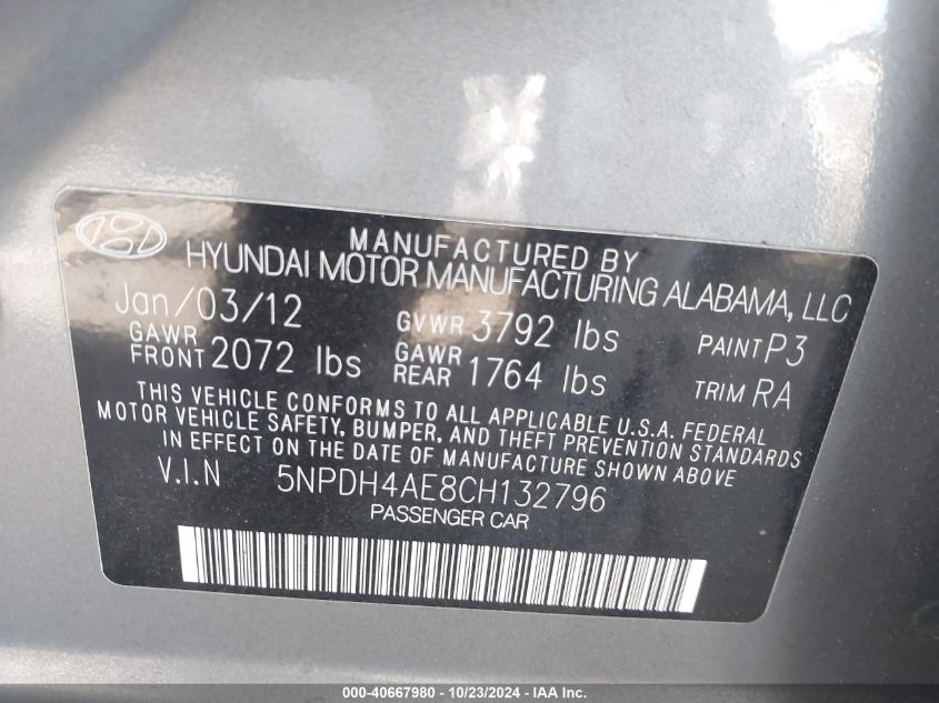 2012 Hyundai Elantra Gls VIN: 5NPDH4AE8CH132796 Lot: 40667980