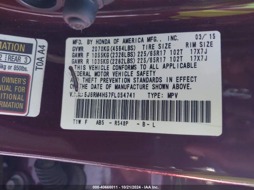 2015 Honda Cr-V Ex VIN: 5J6RM4H57FL054741 Lot: 40668011