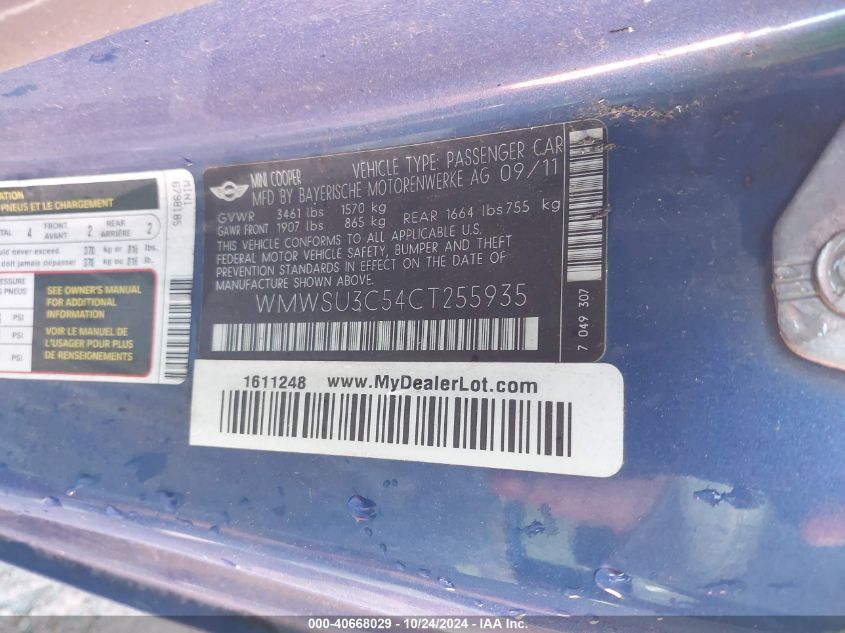 2012 Mini Cooper VIN: WMWSU3C54CT255935 Lot: 40668029