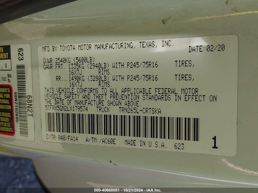 2020 Toyota Tacoma Sr VIN: 5TFRX5GN2LX179574 Lot: 40668051