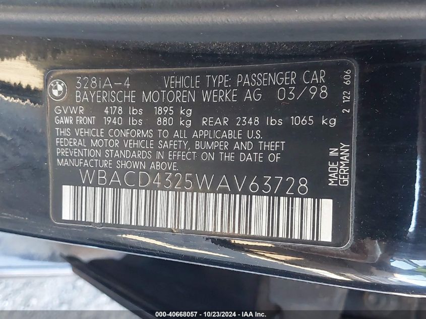 1998 BMW 328I VIN: WBACD4325WAV63728 Lot: 40668057
