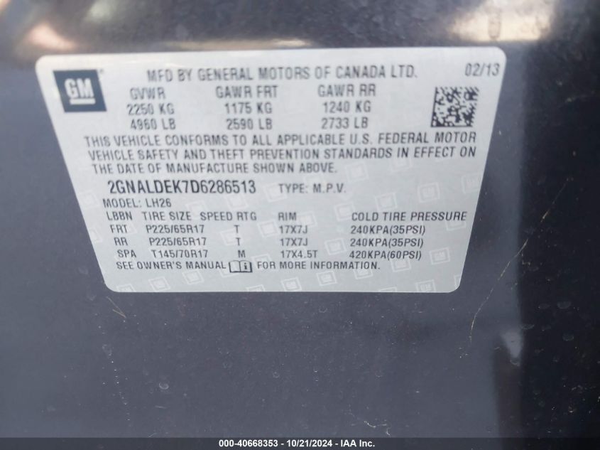 2013 Chevrolet Equinox 1Lt VIN: 2GNALDEK7D6286513 Lot: 40668353