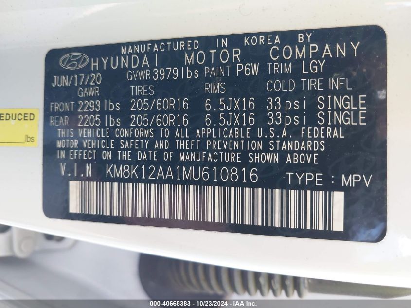 2021 Hyundai Kona Se VIN: KM8K12AA1MU610816 Lot: 40668383