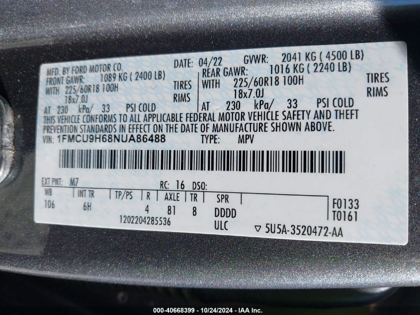 2022 Ford Escape Sel VIN: 1FMCU9H68NUA86488 Lot: 40668399