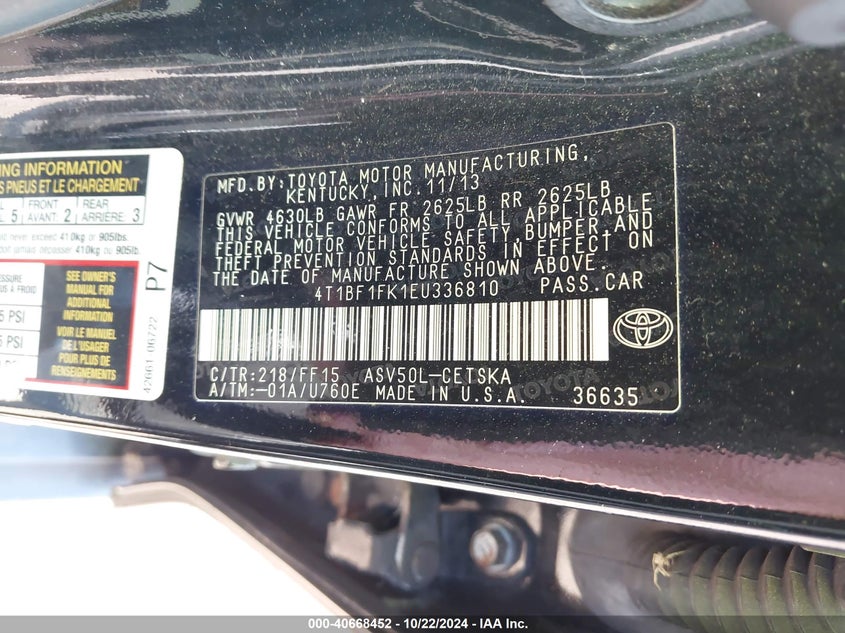 2014 TOYOTA CAMRY VIN: 4T1BF1FK1EU336810
