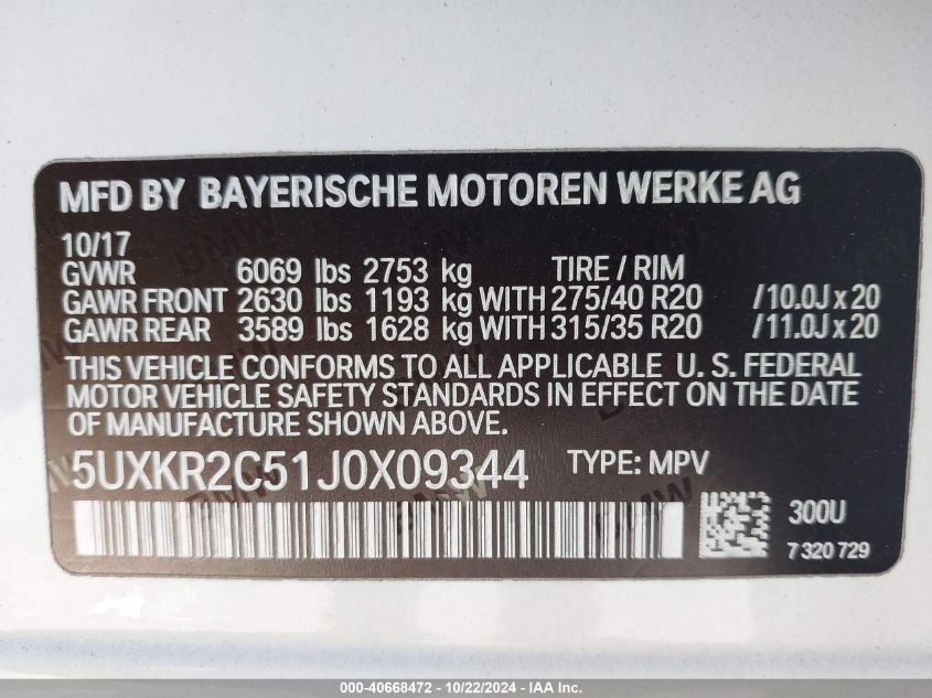 2018 BMW X5 Sdrive35I VIN: 5UXKR2C51J0X09344 Lot: 40668472