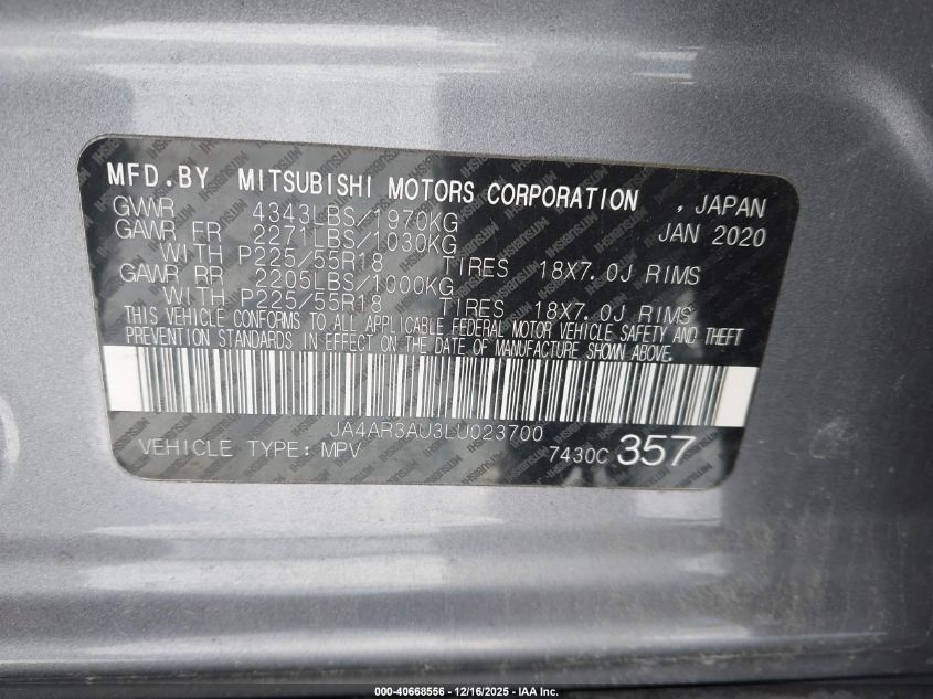 2020 Mitsubishi Outlander Sport 2.0 Be Awc/2.0 Es Awc/2.0 Se Awc/2.0 Sp Awc VIN: JA4AR3AU3LU023700 Lot: 40668556