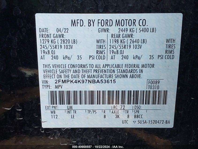 2022 Ford Edge Titanium VIN: 2FMPK4K97NBA53615 Lot: 40668557