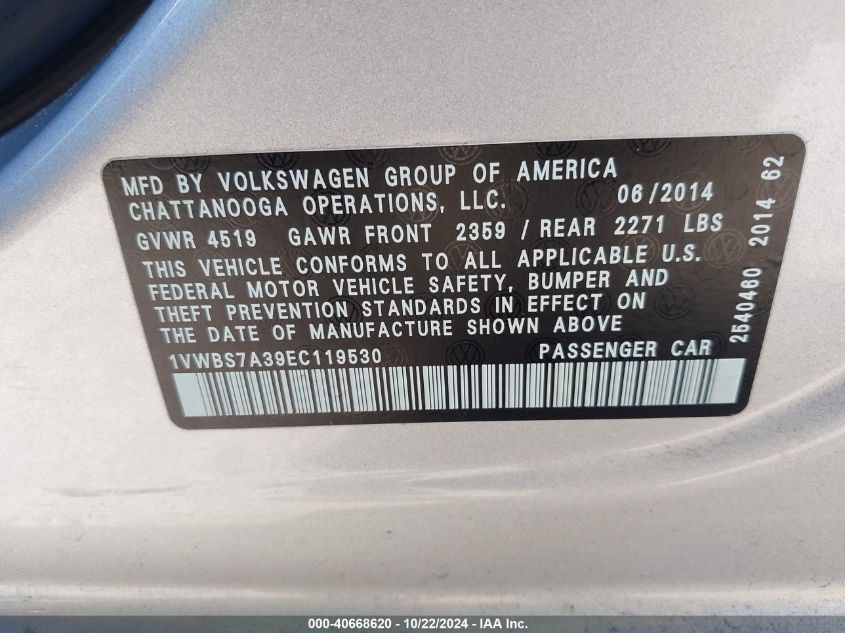 2014 Volkswagen Passat 1.8T Se VIN: 1VWBS7A39EC119530 Lot: 40668620