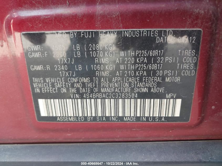 2012 Subaru Outback 2.5I VIN: 4S4BRBAC2C3283504 Lot: 40668647