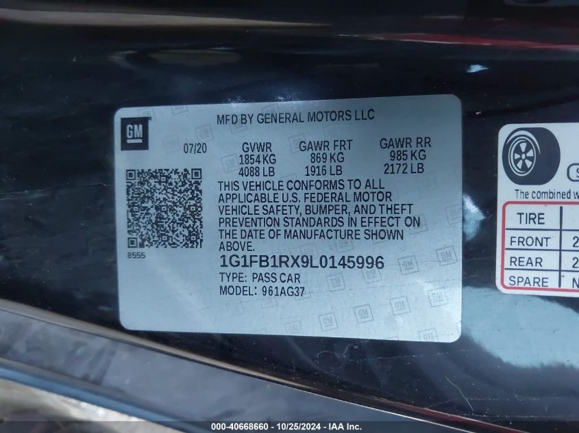 2020 Chevrolet Camaro Rwd 1Ls VIN: 1G1FB1RX9L0145996 Lot: 40668660