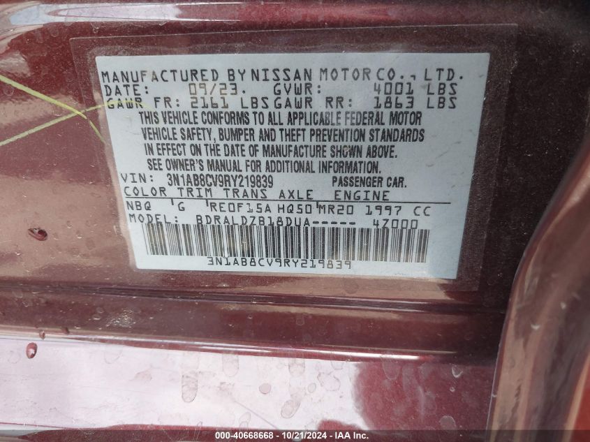 2024 Nissan Sentra Sv Xtronic Cvt VIN: 3N1AB8CV9RY219839 Lot: 40668668