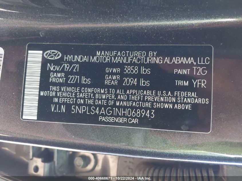 2022 Hyundai Elantra Sel VIN: 5NPLS4AG1NH068943 Lot: 40668671